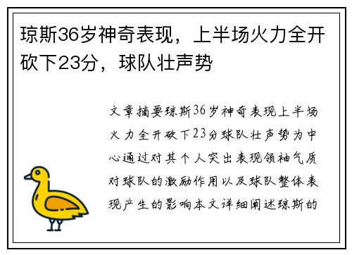 琼斯36岁神奇表现，上半场火力全开砍下23分，球队壮声势